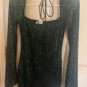 Green Sequin Long Sleeve Dress-Lucy in the sky- HOCO dress